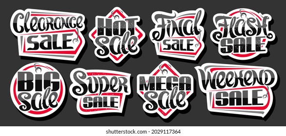 Vector set for Sales, decorative cut paper ad signboards for black friday and cyber monday sale, lot collection of red isolated pricetags with unique handwritten lettering for short sales slogans.