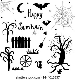 Vector set for Samhain and Halloween. Vector hand draw  illustration set. Vector hand drawing. Halloween black  isolated on white background. Vector design elements.