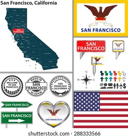 Vector set of San Francisco, California in USA with flag and icons on white background