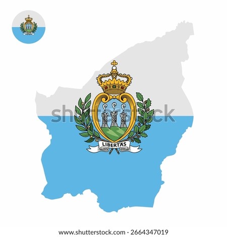 Vector set of San Marino high detailed map flag and national flag round badge isolated on white background.