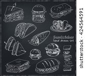 Vector Set of sandwiches. Club sandwich cheeseburger hamburger deli wrap roll taco baguette bagel toast. Illustration for menus, recipes and packages product
