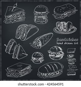 Vector Set of sandwiches. Club sandwich cheeseburger hamburger deli wrap roll taco baguette bagel toast. Illustration for menus, recipes and packages product