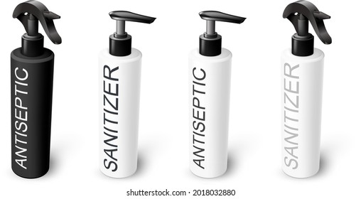 Conjunto vectorial de dispensadores de gel antiséptico y spray para el desinfectante - botellas aisladas en blanco y negro