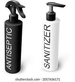 Vector set of sanitizer antiseptic gel and spray dispensers - black and white isolated bottles