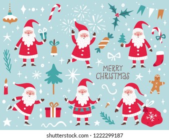 Vector set with Santa Claus and Christmas elements. Winter cartoon characters. Decorative elements for Christmas and New Year greeting cards.