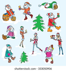 Vector set of Santa Claus and Snow Maiden. Colorful sketch of event creatures