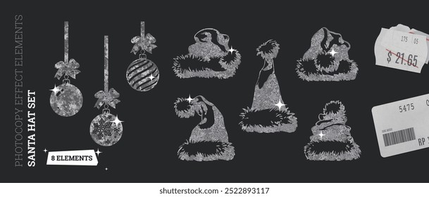 Vector set of a santa hat with photocopy effect in gray metallic style. Includes christmas ornaments, snowflakes, and vintage pattern for festive holiday illustration.