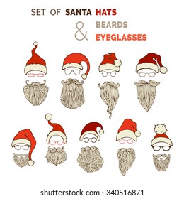 Vector set of Santa hats, moustache, beards and eyeglasses. Various Christmas design elements isolated on white background.