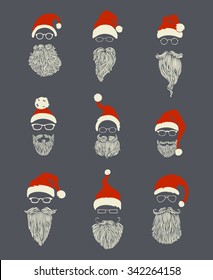 Vector set of Santa hats, moustache and beards. Various doodles Christmas Santa design elements.