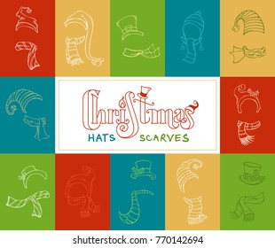 Vector set of Santa hats and winter scarves. Hand-drawn outlined Christmas design elements on coloured backgrounds.