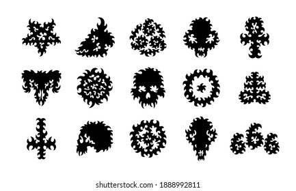 Vector set of satanic, occult, pagan, alchemical symbols (Pentagram, Leviathan Cross, 666 number of the beast, Sun cross, Ankh, Cross of Saint Peter, Circled dot), human and animal skulls.