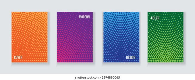 Vector set of saturated color a4 cover design template with circle halftone dot pattern.