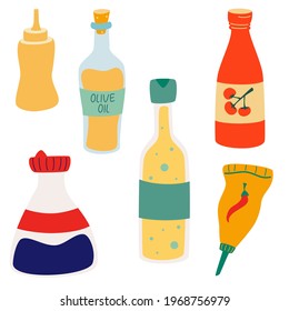 Vector Set of sauces. Sauce bottles. Different sauces, condiments and dressings for culinary cooking. Olive oil, wasabi, vinegar, ketchup, mustard, mayonnaise, tomato ketchup, hot chili, soy bottles.