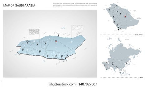 Vector set of Saudi Arabia country.  Isometric 3d map, Saudi Arabia map, Asia map - with region, state names and city names. 