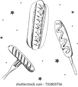 Vector set of sausage, corn dog and hotdog. Vector illustration in sketch style. Hand drawn design elements