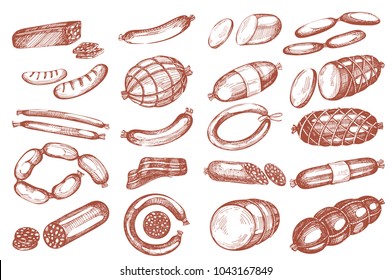 Vector set with sausages on the white backgrounds