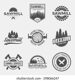 vector set of sawmill labels, badges and design elements