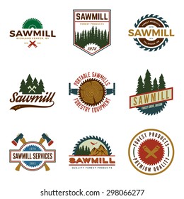 vector set of sawmill labels, badges and design elements