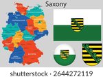 Vector set of Saxony including the official flag, coat of arms, and updated map. Part of the complete German flag and emblem collection.