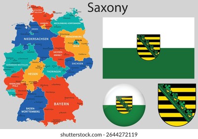 Vector set of Saxony including the official flag, coat of arms, and updated map. Part of the complete German flag and emblem collection.