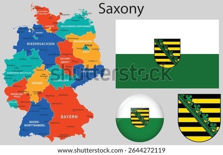 Vector set of Saxony including the official flag, coat of arms, and updated map. Part of the complete German flag and emblem collection.
