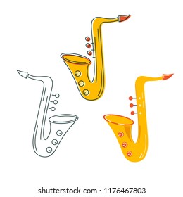 Vector set with saxophone icons isolated on white background. Flat and line style.