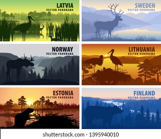 Vector set of Scandinavia and Baltic countries illustrations - Sweden, Lithuania, Finland, Latvia, Norway, Estonia