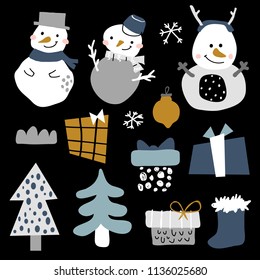 vector set of scandinavian baby stilized cartoon elements for winter postcards,t-shirt prints,sticker