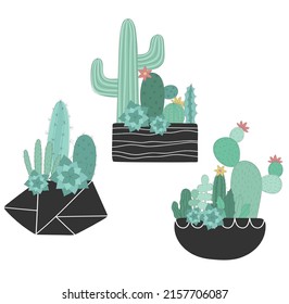 Vektorset skandinavischen Kakteen in Töpfen. Handgezeichnete Sommerkamera für Dekoration, Kindergarten, Kinderkarte, Zuhause, Inneneinrichtung, Druck, Plakat, Banner, Kind, Baby