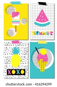 Vektorset skandinavischer Karten. Sommerplakate mit Ananas, Wassermelone, Eis. Ungewöhnliche Schriftart. Vorlage für Grußkarten, Aufkleber, Planer, Tagebuch, Hinweise, Einladungen. Mode der 80er bis 90er