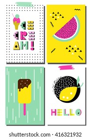 Vector set of  scandinavian cards. Summer posters with lemon, watermelon, ice cream. Unusual font. Template for Greeting Cards, Stickers, Planner, Diary, Notes,Invitations. 80-90s fashion style