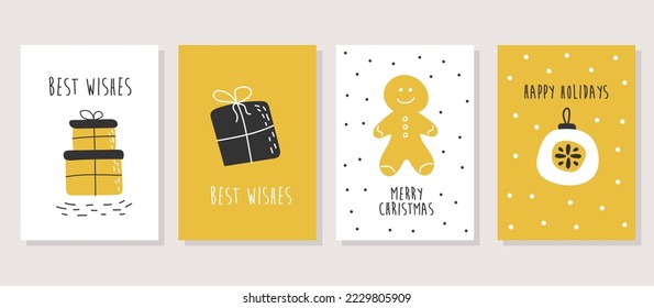 Juego de vectores de tarjetas navideñas escandinavas con colores modernos blancos, negros y amarillos. Dibujo manual Diseño de tarjeta de felicitación navideña Merry