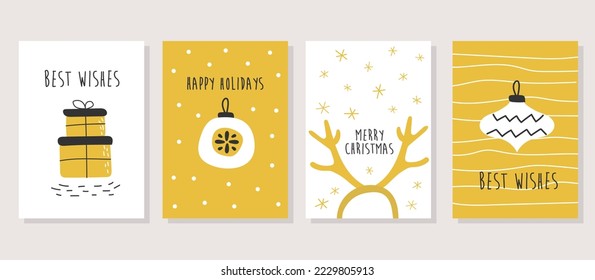 Juego de vectores de tarjetas navideñas escandinavas con colores modernos blancos, negros y amarillos. Dibujo manual Diseño de tarjeta de felicitación navideña Merry