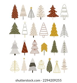 Vector set of Scandinavian Christmas trees. Multicolored Christmas trees isolated in collection