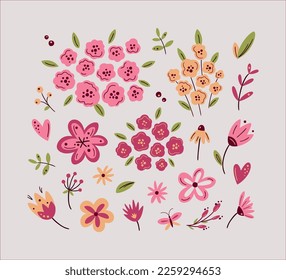 Vector set of scandinavian flowers in viva magenta colours. For spring holidays, wedding or birthday cards, Valentine's Day or mother day greetings, poster, social media post or banner template. 