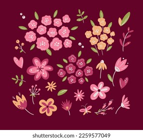 Vector set of scandinavian flowers in viva magenta colours. For spring holidays, wedding or birthday cards, Valentine's Day or mother day greetings, poster, social media post or banner template. 