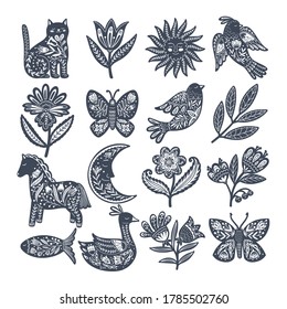 Vector set of scandinavian folk animals and decorative elements. Hand drawn vector pattern. Scandinavian, Nordic tribal style.