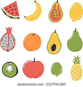 Vector set in Scandinavian style.  Apple banana kiwi lemon lime kiwi watermelon orange avocado pear lime pineapple pitahaya papaya. Vector illustration