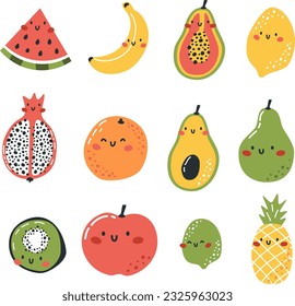 Vector set in Scandinavian style. Cute smiling fruit with faces. Apple, banana, kiwi, lemon, lime, kiwi, watermelon, orange, avocado, pear, lime, pineapple, pitahaya, papaya