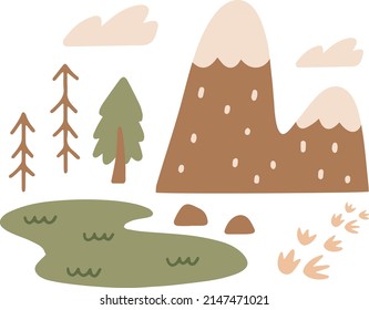 Vector set of scandinavian style mountain, forest, rocks, clouds. Cute cartoon clipart for scrapbooking, stickers, fabric, decoration, poster, banner, wall art. Scandinavian style design for kids