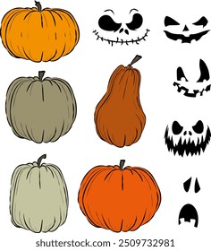 Vector set scary faces and pumpkins of Jack o Lantern making. Halloween party. 