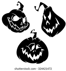 Vector set of scary Halloween pumpkin head with various expressions. White outline on white isolated background