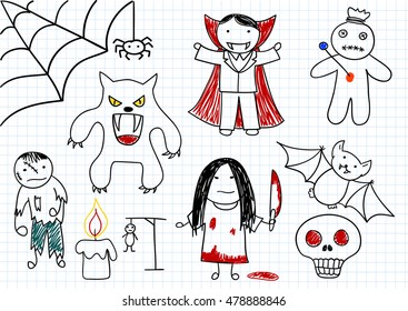 Vector set of scary monsters - zombie, werewolf, vampire, voodoo doll, girl with knife, bat, candle, skull, spider. Sketch on notebook page