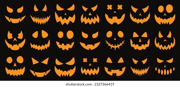 Vector set of scary pumpkin faces. Spooky faces icons. Vector illustration