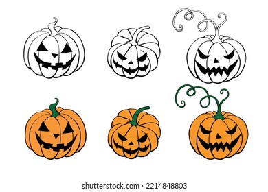 Vector set of scary spooky smiling Halloween pumpkins isolated. Jack o Lantern. Two variants - black contour for coloring in doodle style, color flat drawing. Traditional decoration symbol of holiday