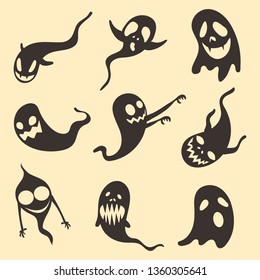 Vector set of scary,angry ghost apparition spook horror a friend ghost funny starry sky.Halloween silhouette spirits