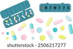 Vector set scattered tablet, capsule and pill from tablet organizer, close up medication box for every day of the week. Minimalistic medical concept in pastel colors in simple flat style.