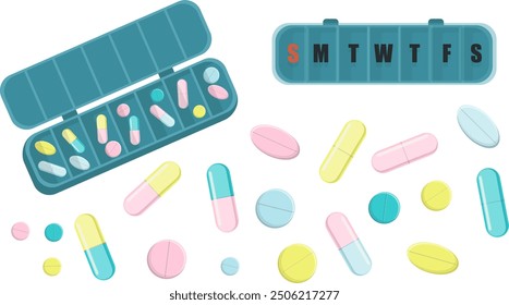 Vector set scattered tablet, capsule and pill from tablet organizer, close up medication box for every day of the week. Minimalistic medical concept in pastel colors in simple flat style.