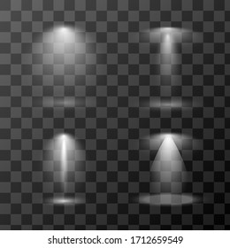 Vector set of scene light sources isolated on transparent background. Redial gradient stage spotlights. Design of light effects for your project. 