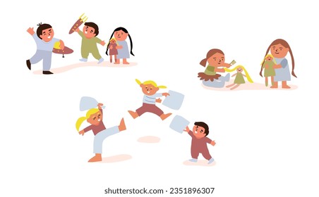 Vector set of scenes of children playing together. Brother sister playing together. Sisters playing dolls, pillow fight of children, brothers playing astronauts.